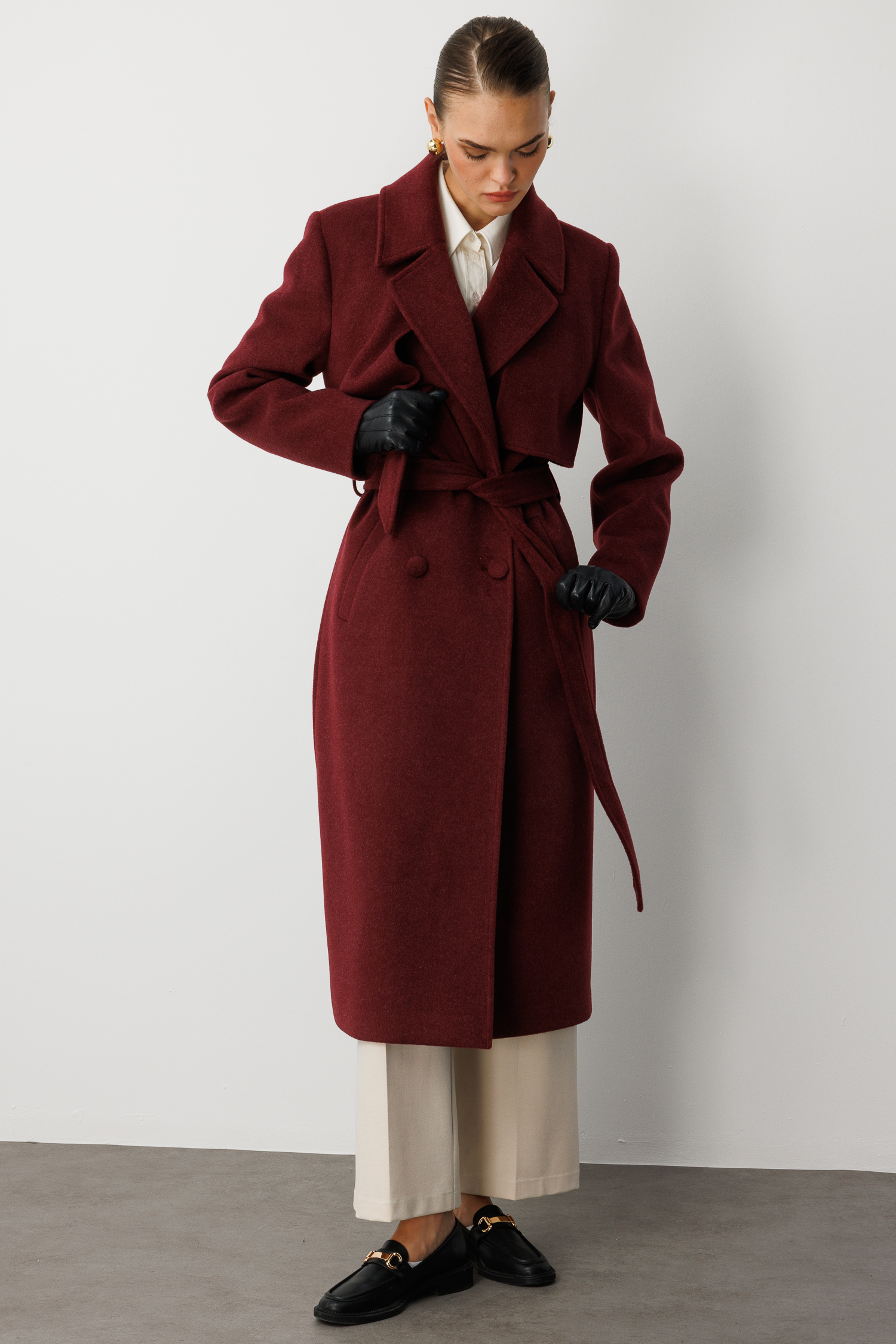 Mizalle Yünlü Kaşe Dokulu Mürdüm Rengi Uzun Trençkot Kaban - Mizalle