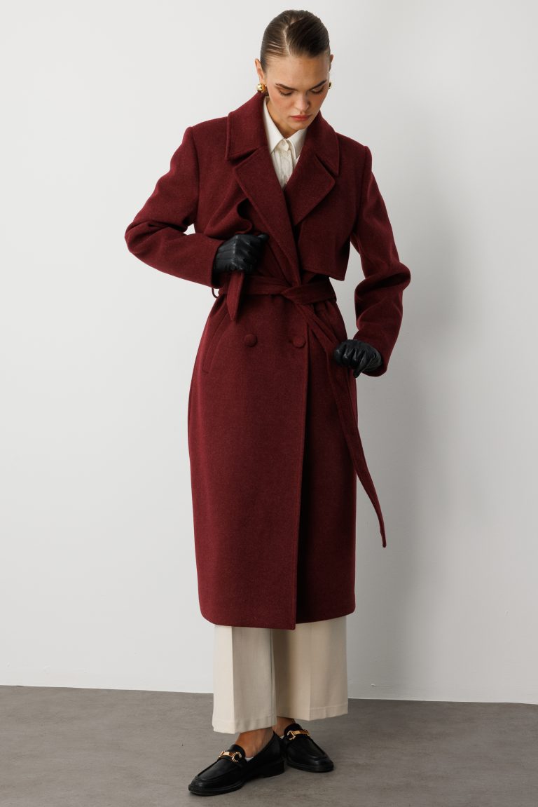 Mizalle Yünlü Kaşe Dokulu Mürdüm Rengi Uzun Trençkot Kaban - Mizalle