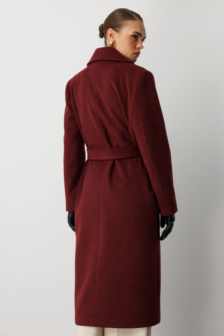 Mizalle Yünlü Kaşe Dokulu Mürdüm Rengi Uzun Trençkot Kaban - Mizalle