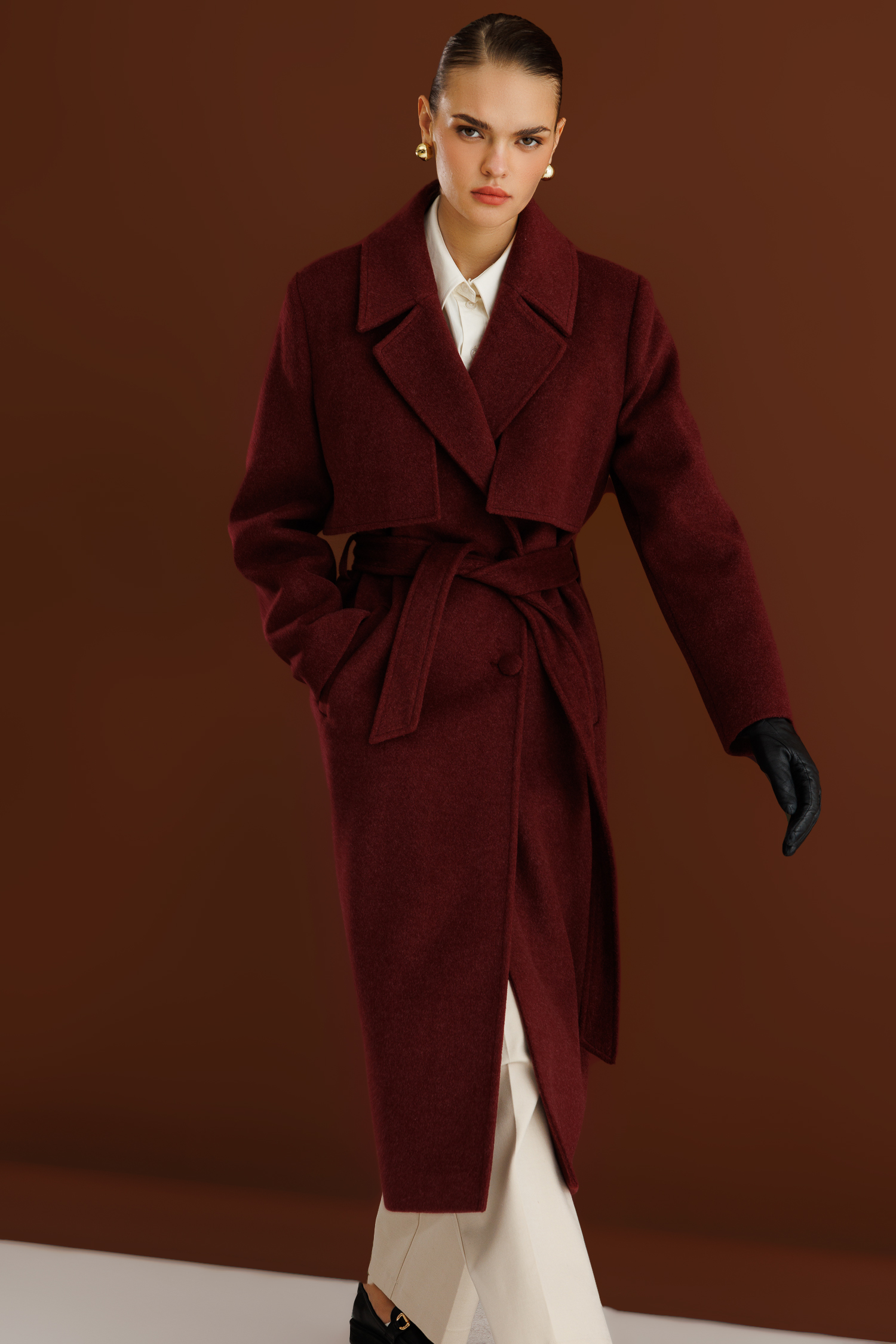 Mizalle - Mizalle Yünlü Kaşe Dokulu Mürdüm Rengi Uzun Trençkot Kaban