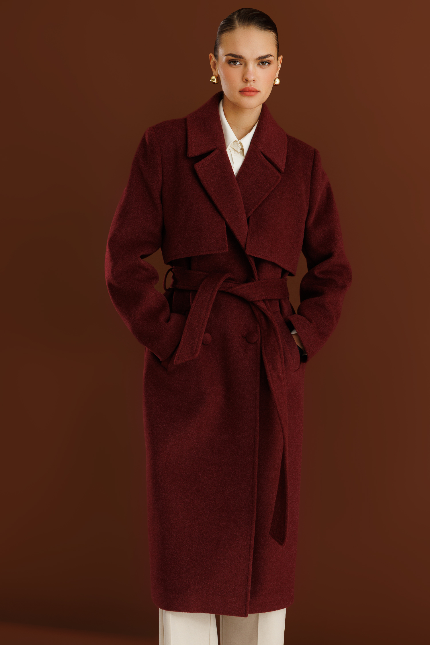 Mizalle Yünlü Kaşe Dokulu Mürdüm Rengi Uzun Trençkot Kaban - 6