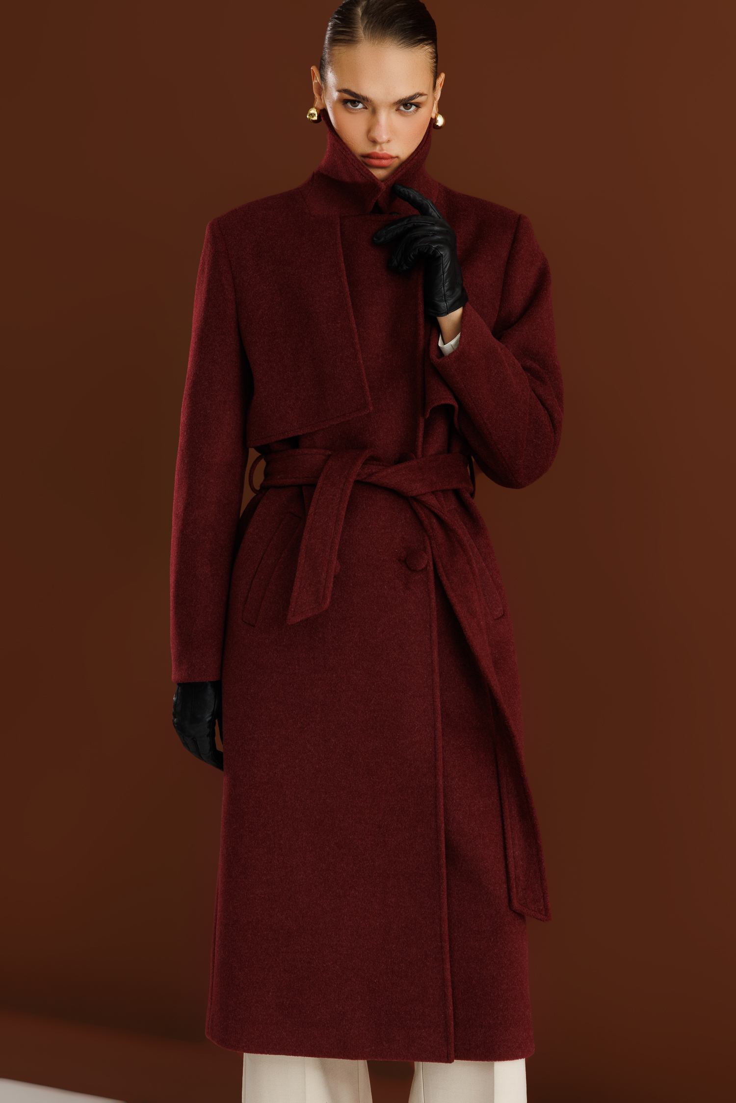 Mizalle Yünlü Kaşe Dokulu Mürdüm Rengi Uzun Trençkot Kaban - 7