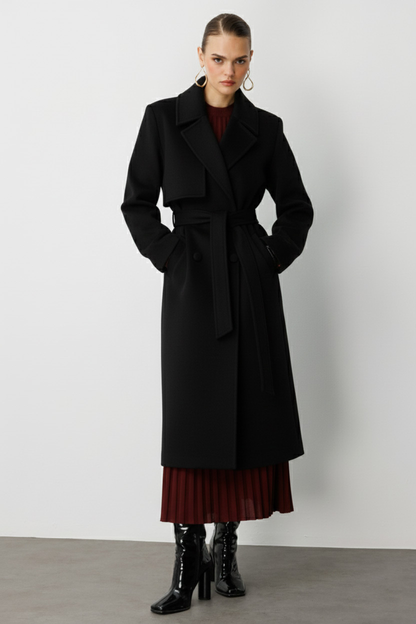 Mizalle Yünlü Kaşe Dokulu Siyah Tek Rüzgarlıklı Kaban - 1