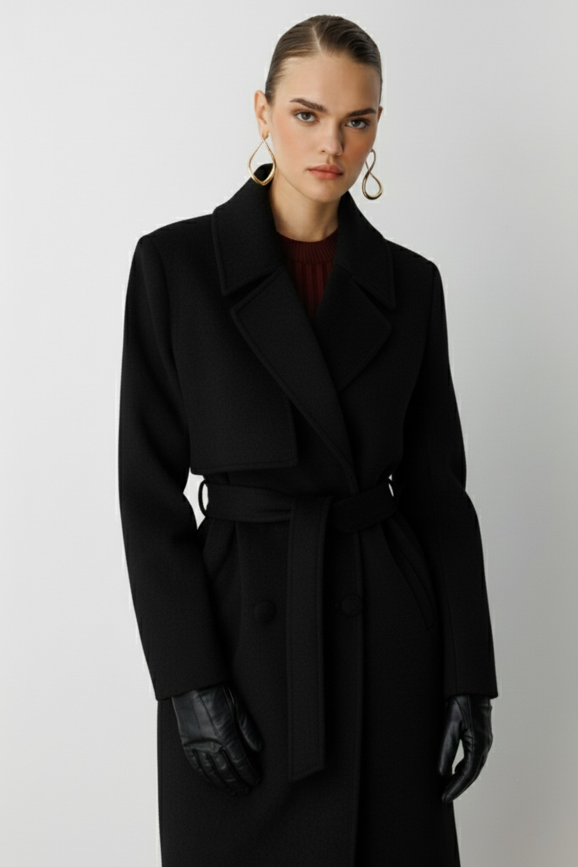 Mizalle Yünlü Kaşe Dokulu Siyah Tek Rüzgarlıklı Kaban - 2