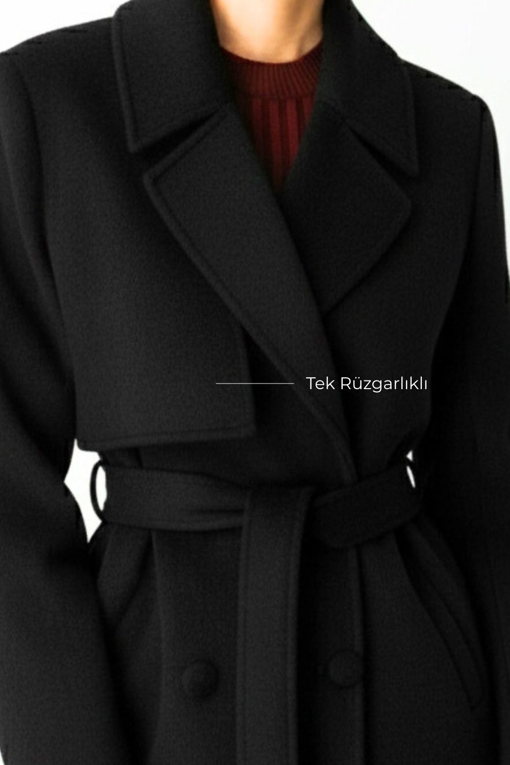 Mizalle Yünlü Kaşe Dokulu Siyah Tek Rüzgarlıklı Kaban - 3