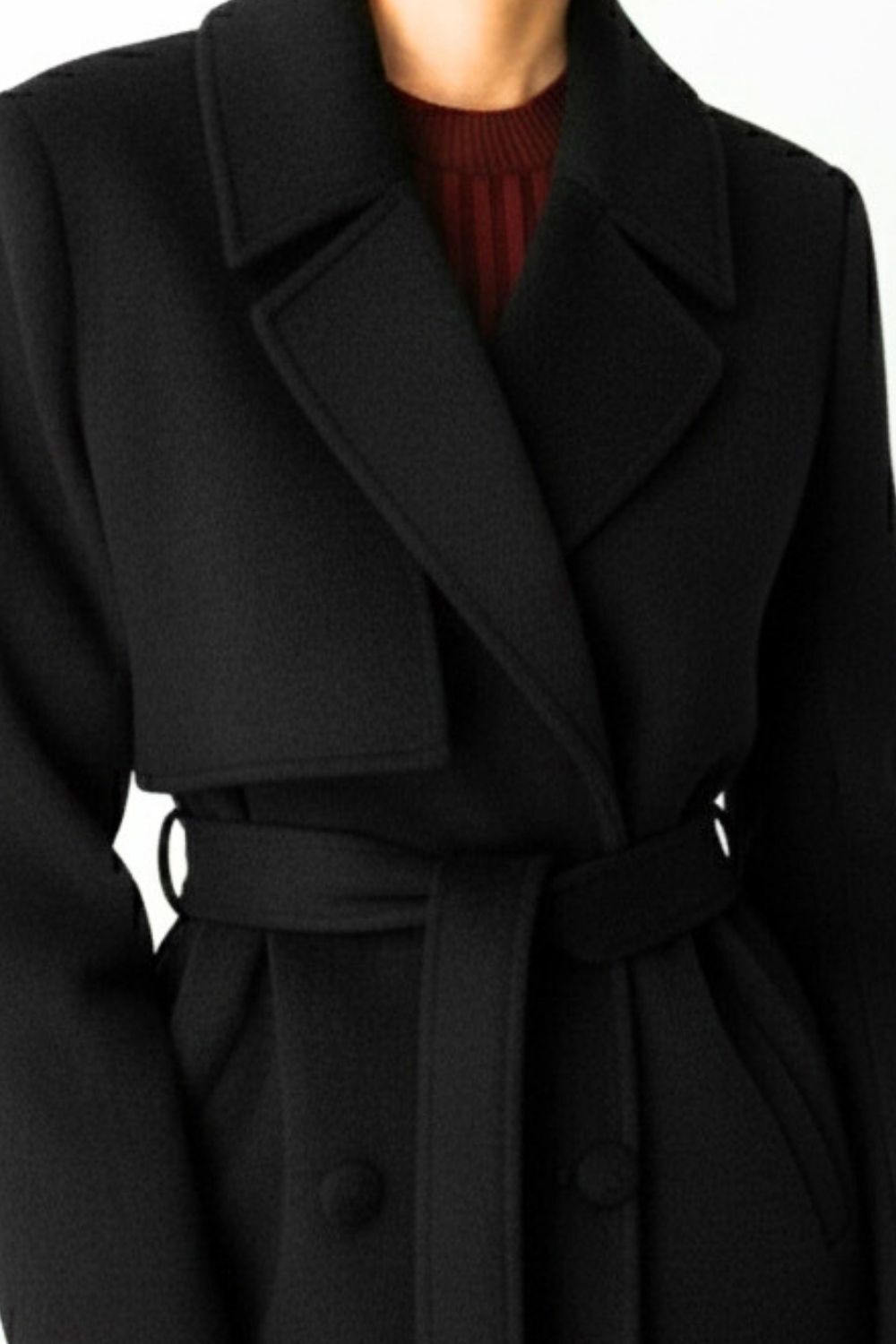 Mizalle Yünlü Kaşe Dokulu Siyah Tek Rüzgarlıklı Kaban - 4