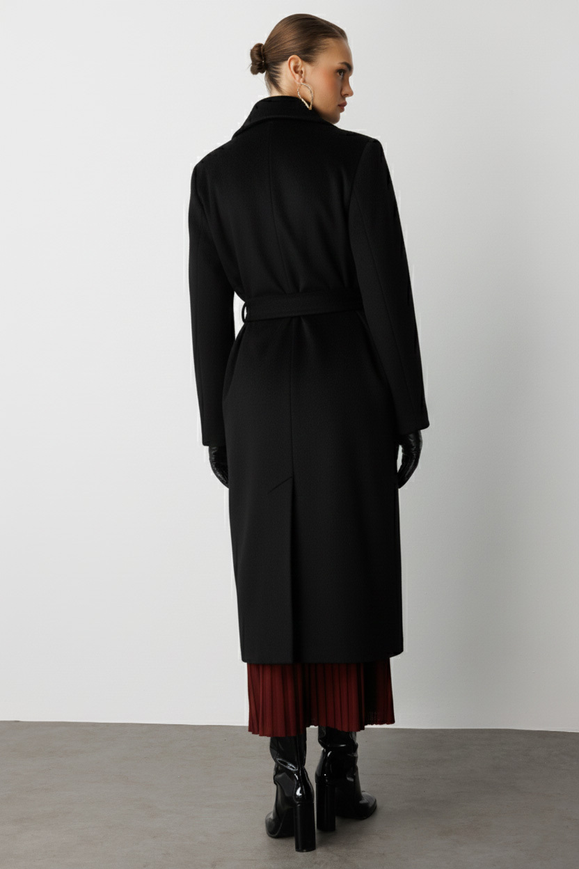 Mizalle Yünlü Kaşe Dokulu Siyah Tek Rüzgarlıklı Kaban - 5