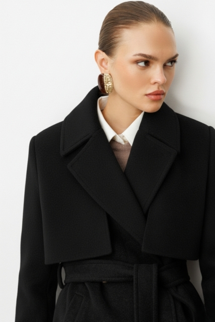 Mizalle - Mizalle Yünlü Kaşe Dokulu Siyah Uzun Trençkot Kaban