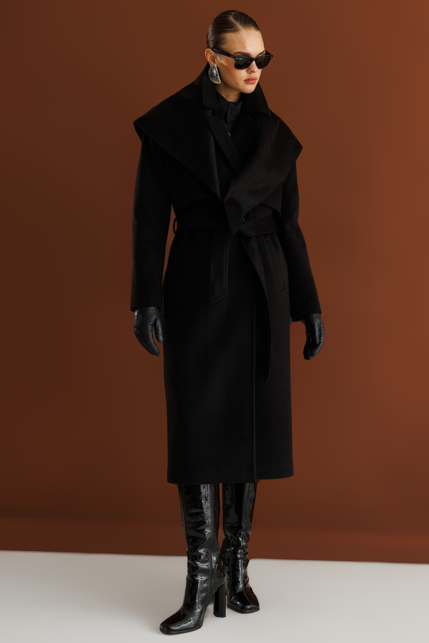 Mizalle - Mizalle Yünlü Kaşe Dokulu Siyah Uzun Trençkot Kaban