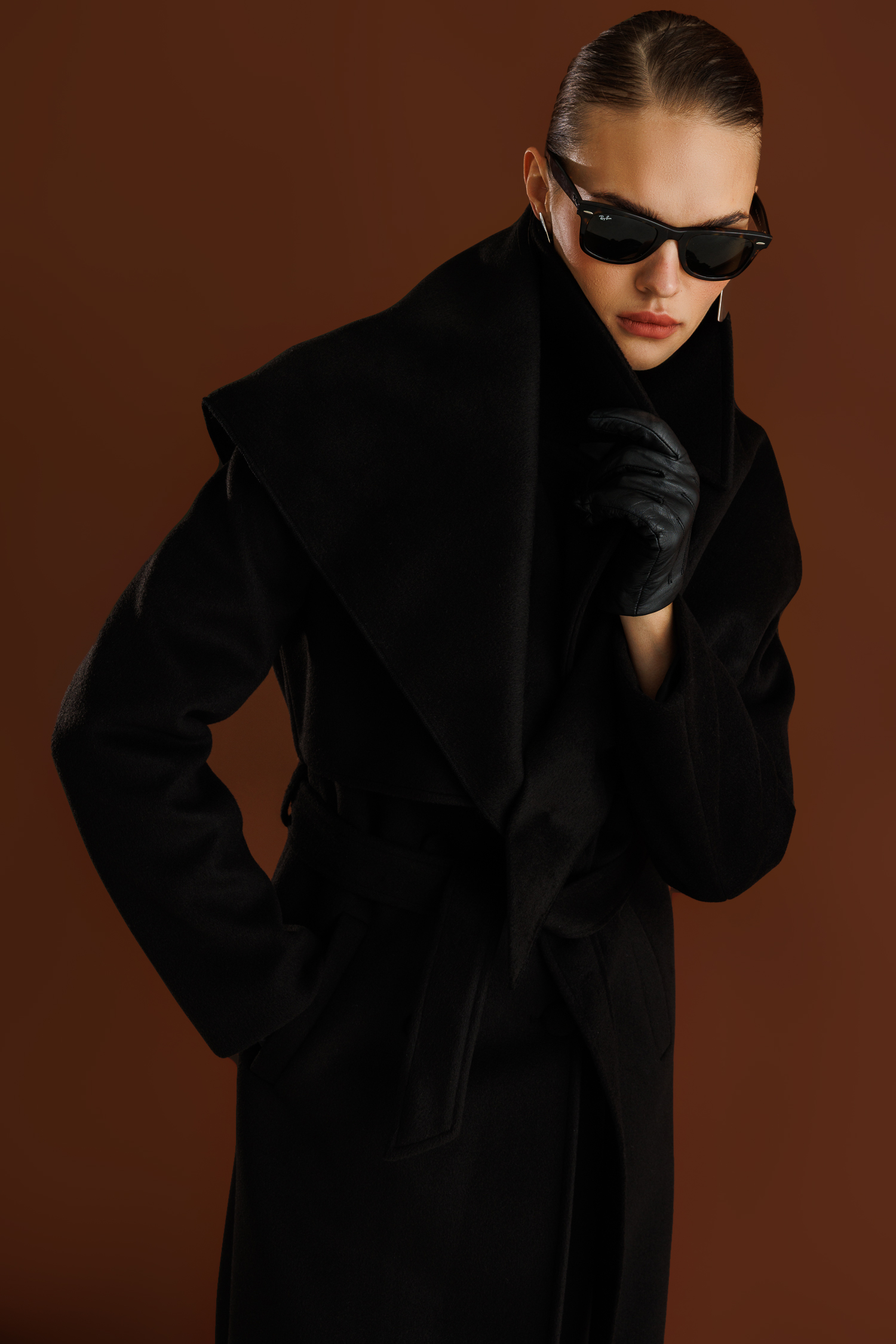 Mizalle Yünlü Kaşe Dokulu Siyah Uzun Trençkot Kaban - Mizalle