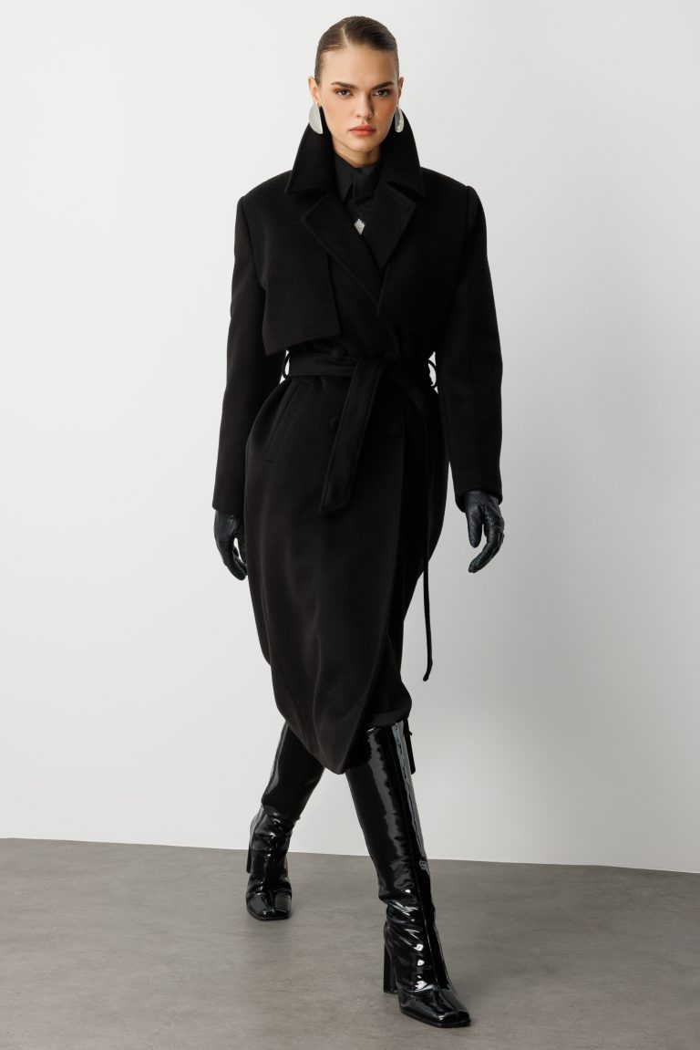 Mizalle Yünlü Kaşe Dokulu Siyah Uzun Trençkot Kaban - Mizalle