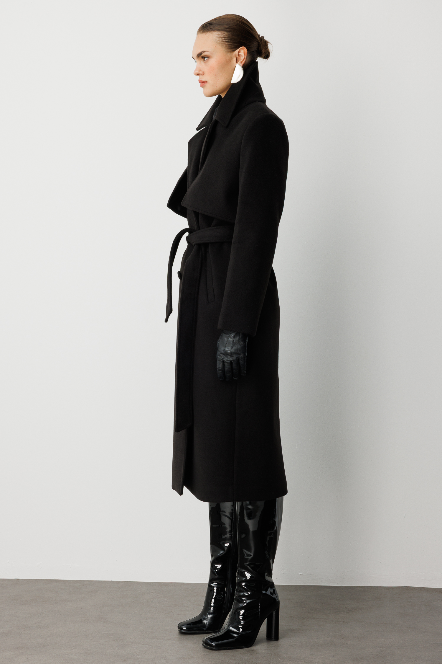 Mizalle Yünlü Kaşe Dokulu Siyah Uzun Trençkot Kaban - 6