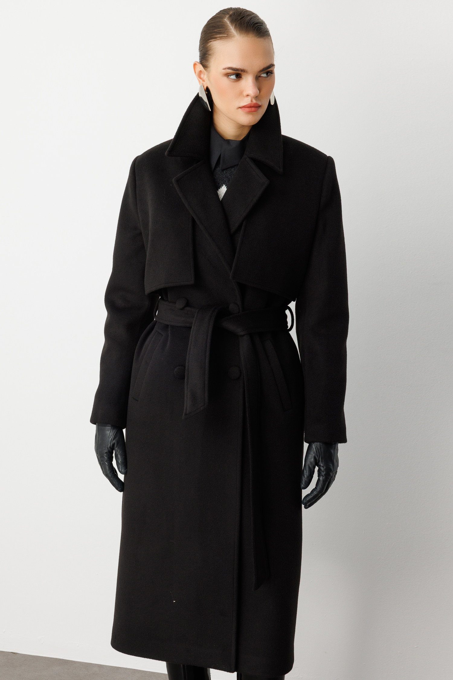 Mizalle Yünlü Kaşe Dokulu Siyah Uzun Trençkot Kaban - 7