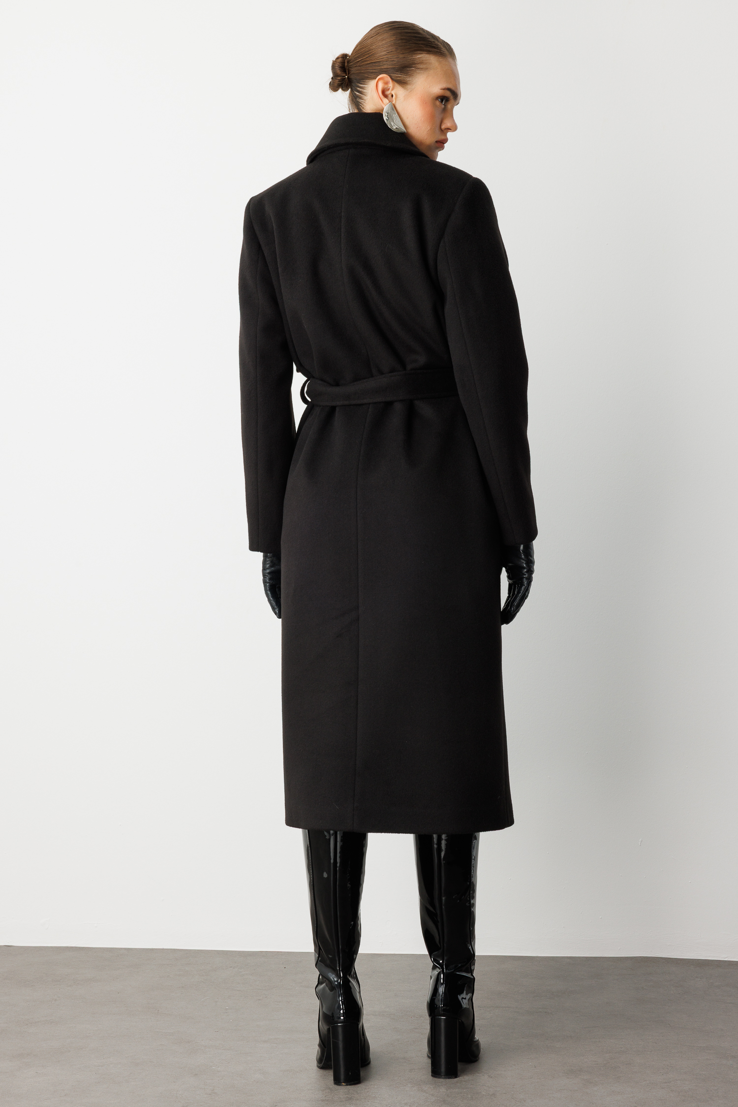 Mizalle Yünlü Kaşe Dokulu Siyah Uzun Trençkot Kaban - 8