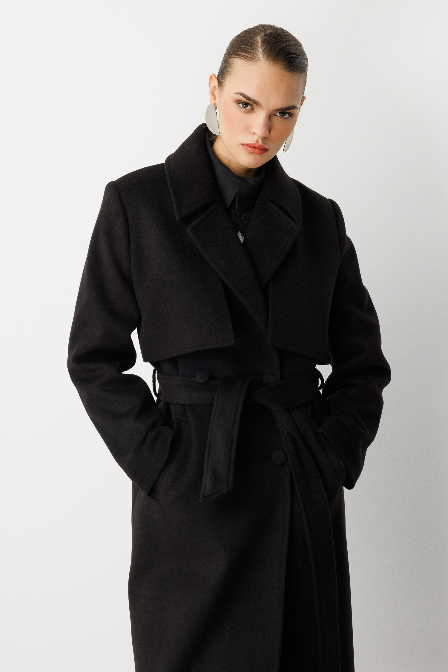 Mizalle Yünlü Kaşe Dokulu Siyah Uzun Trençkot Kaban - 9