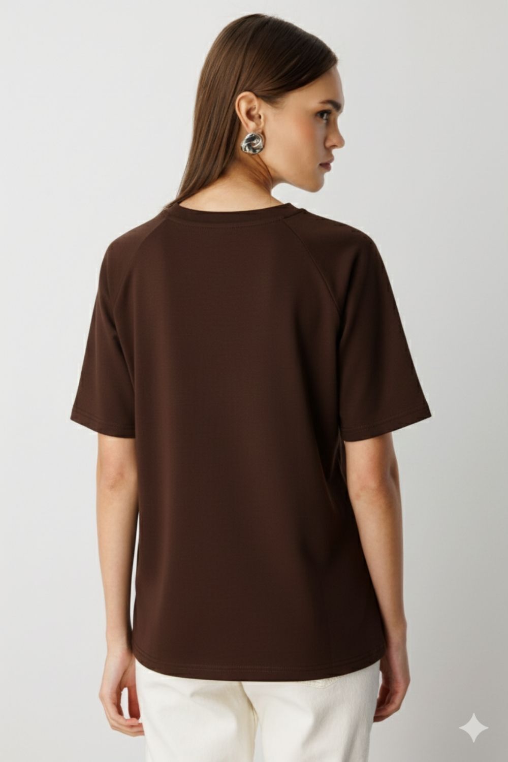 Mizalle Yuvarla Yaka Yumuşak Dokulu Reglan Kol Kahverengi Tişört - 4