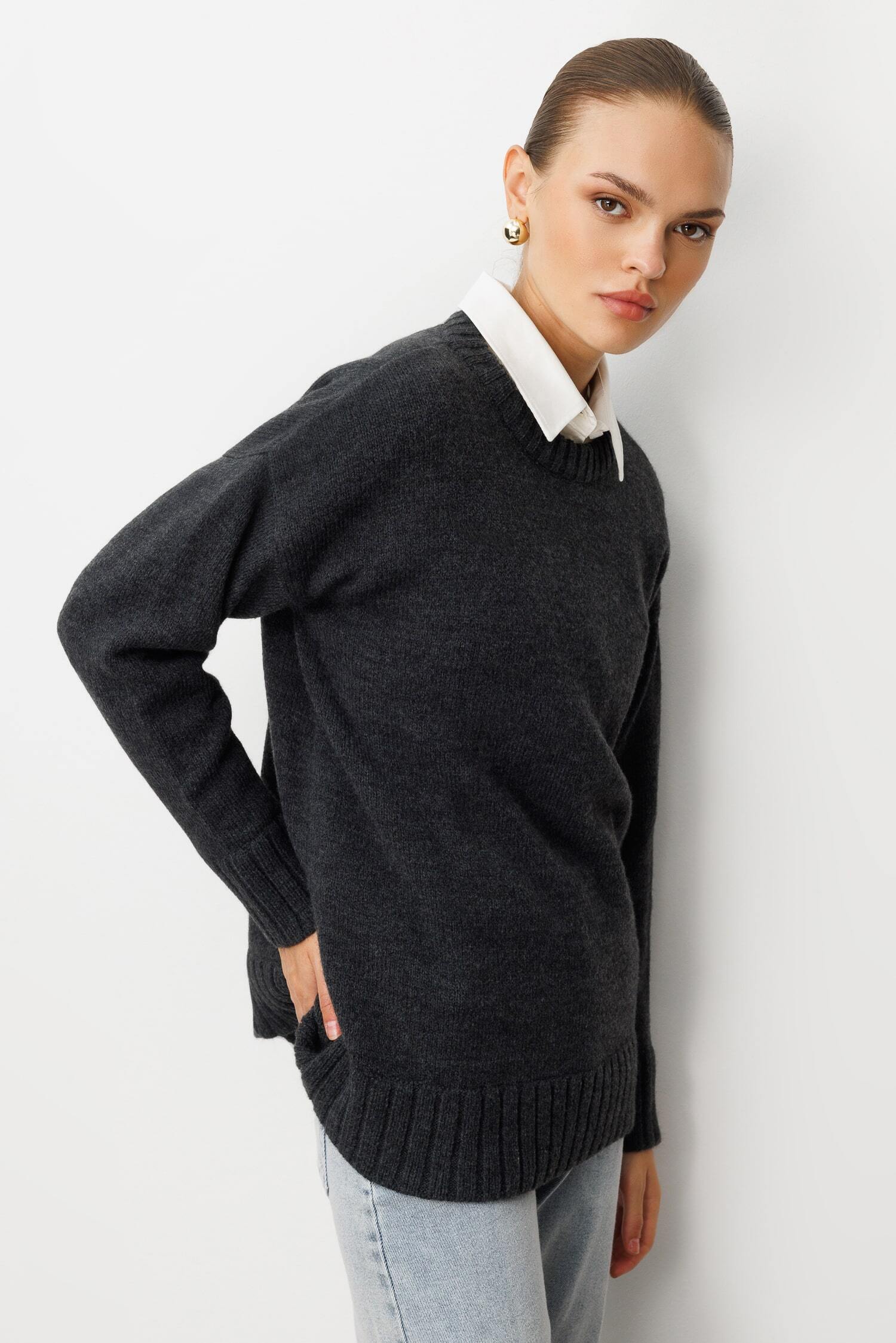 Mizalle Yuvarlak Yaka Oversize Antrasit Triko Kazak - Mizalle