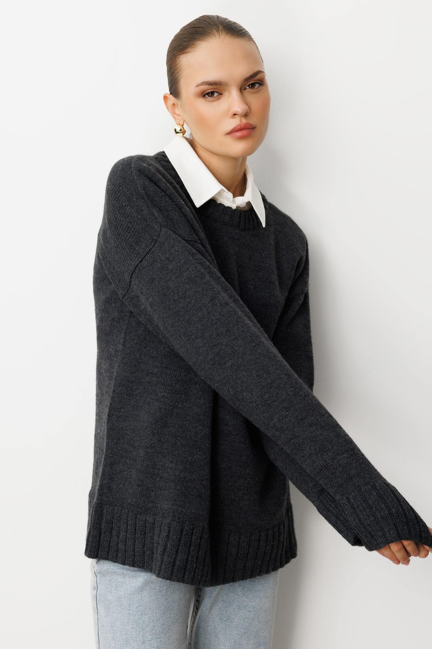 Mizalle Yuvarlak Yaka Oversize Antrasit Triko Kazak - Mizalle