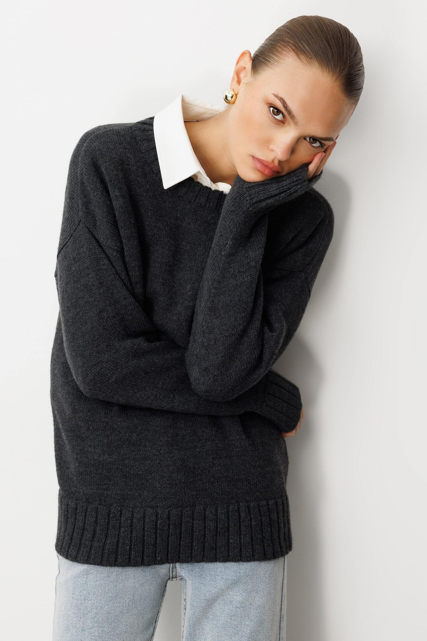 Mizalle Yuvarlak Yaka Oversize Antrasit Triko Kazak - Mizalle