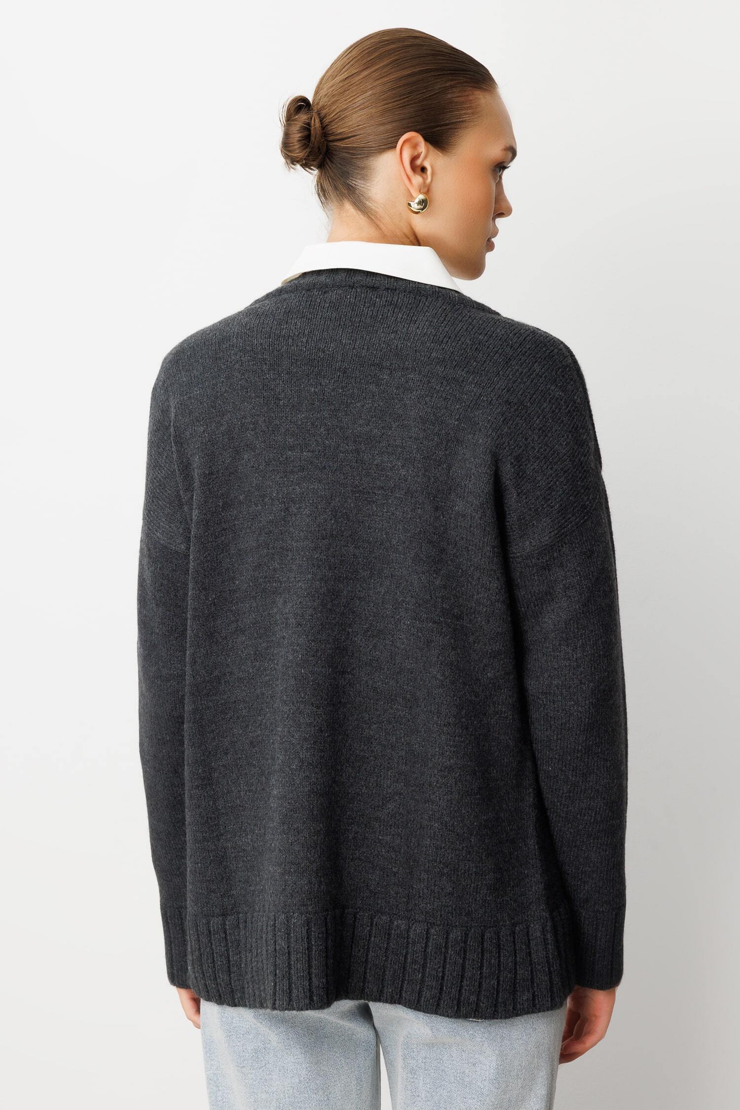 Mizalle Yuvarlak Yaka Oversize Antrasit Triko Kazak - 5