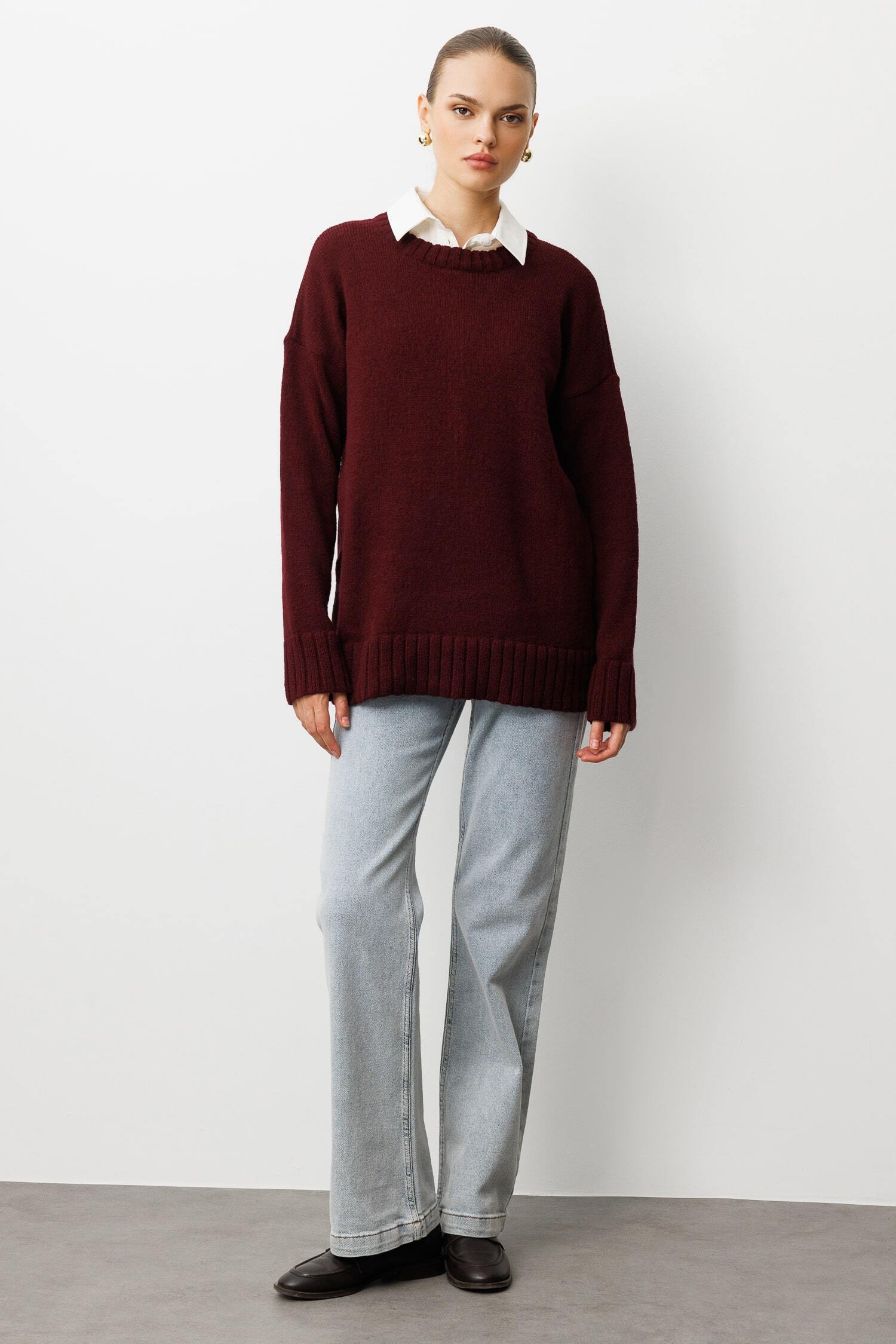 Mizalle Yuvarlak Yaka Oversize Bordo Triko Kazak - 3