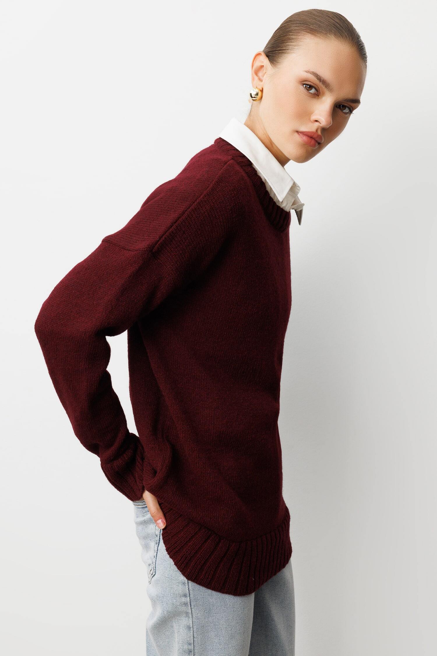 Mizalle Yuvarlak Yaka Oversize Bordo Triko Kazak - Mizalle