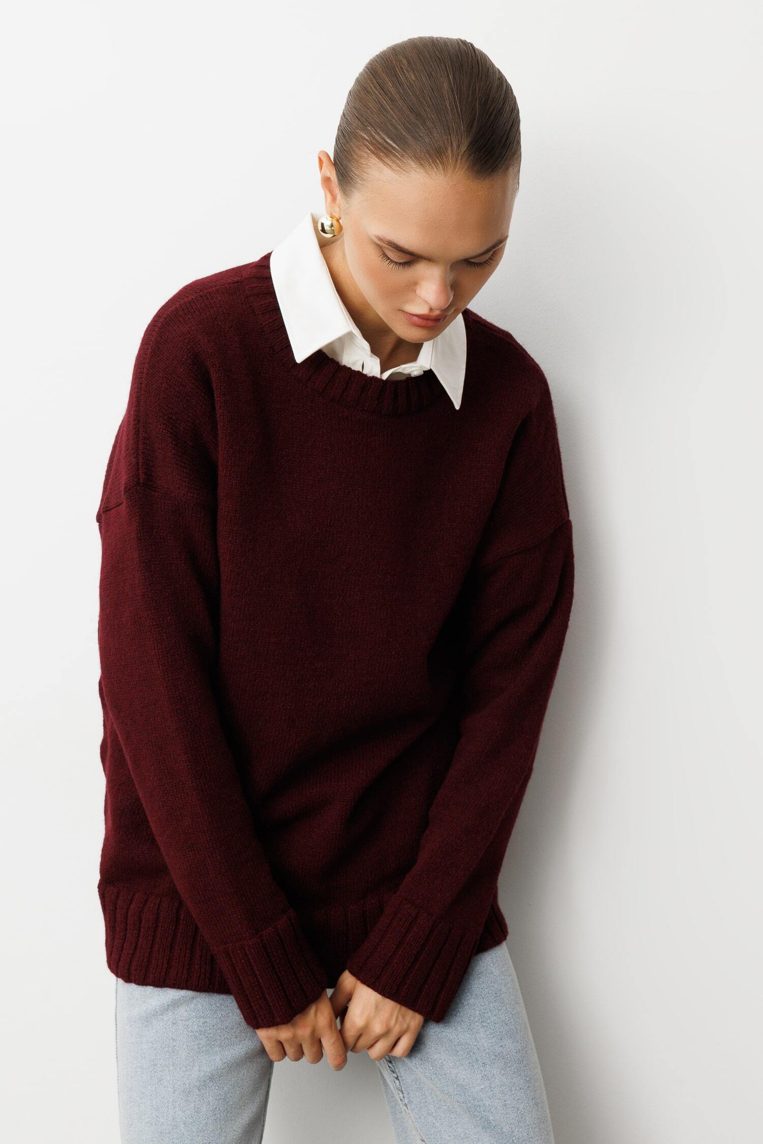 Mizalle Yuvarlak Yaka Oversize Bordo Triko Kazak - Mizalle