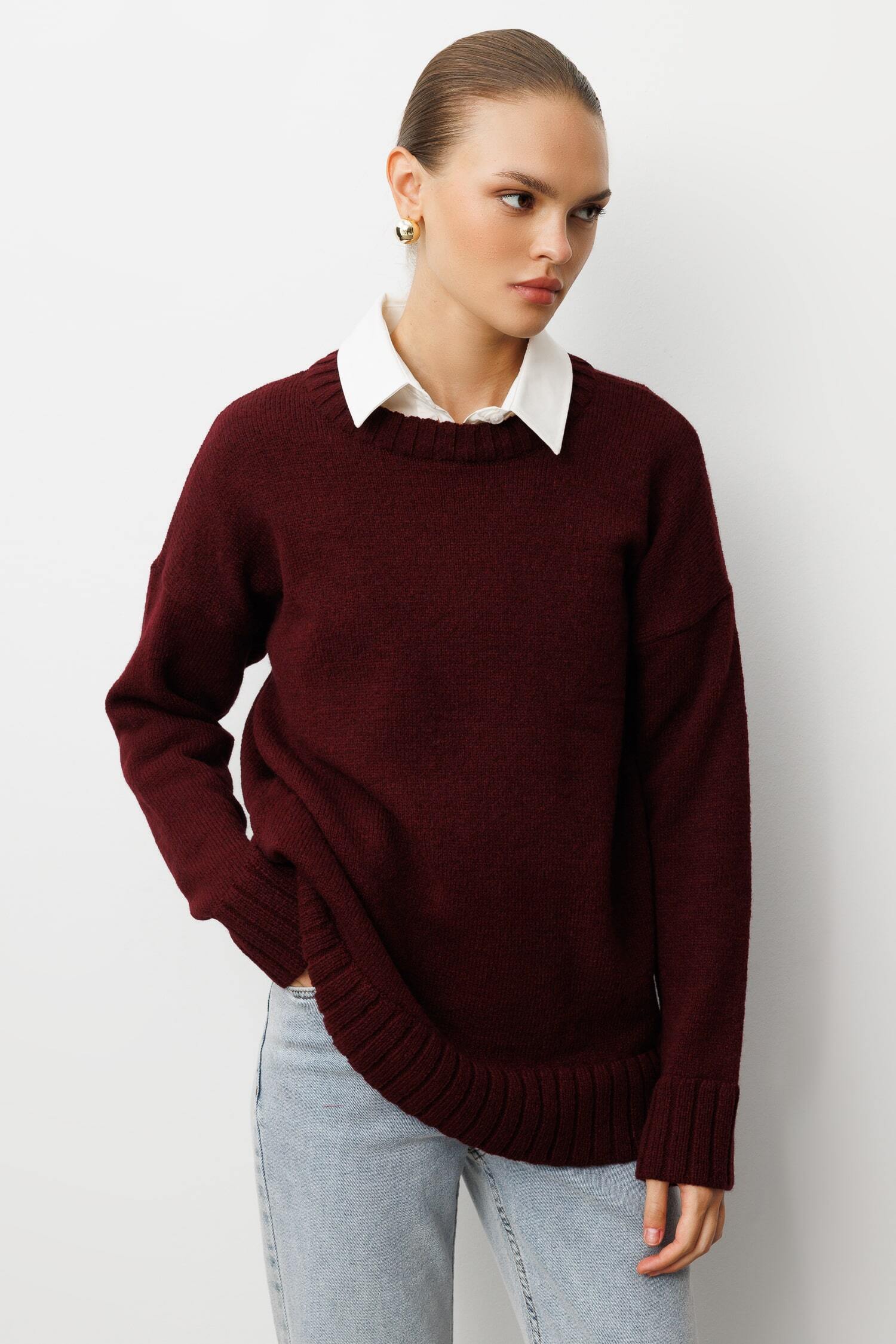 Mizalle Yuvarlak Yaka Oversize Bordo Triko Kazak - Mizalle