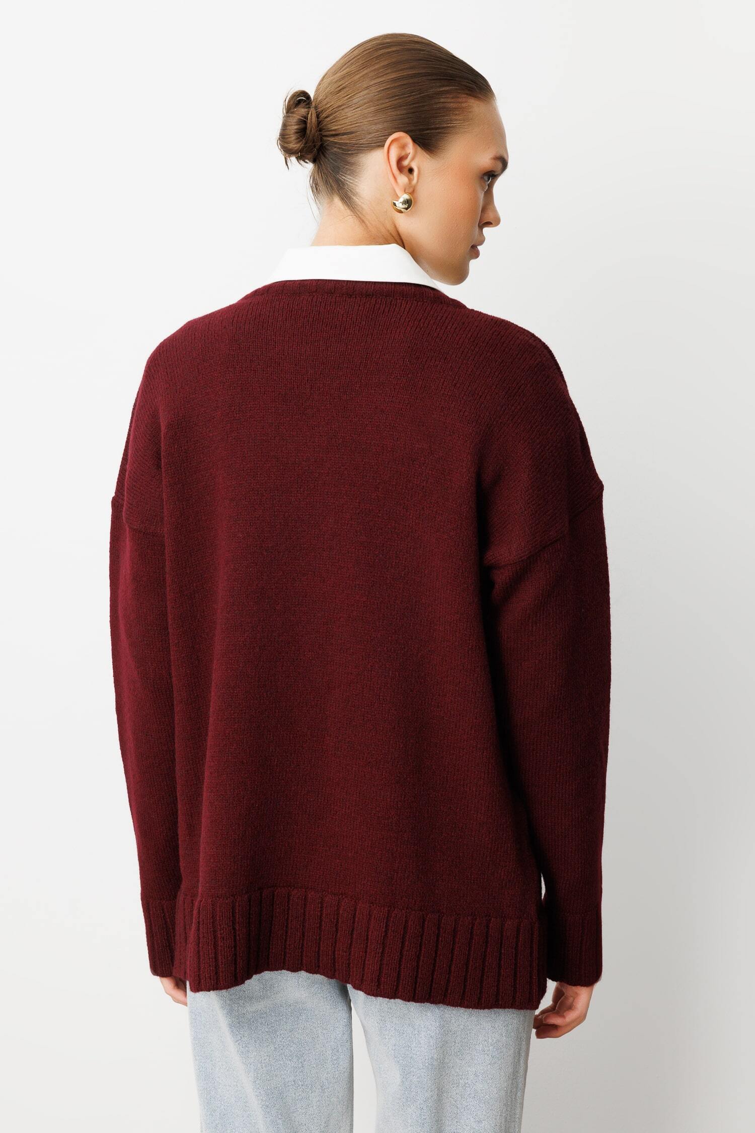 Mizalle Yuvarlak Yaka Oversize Bordo Triko Kazak - Mizalle