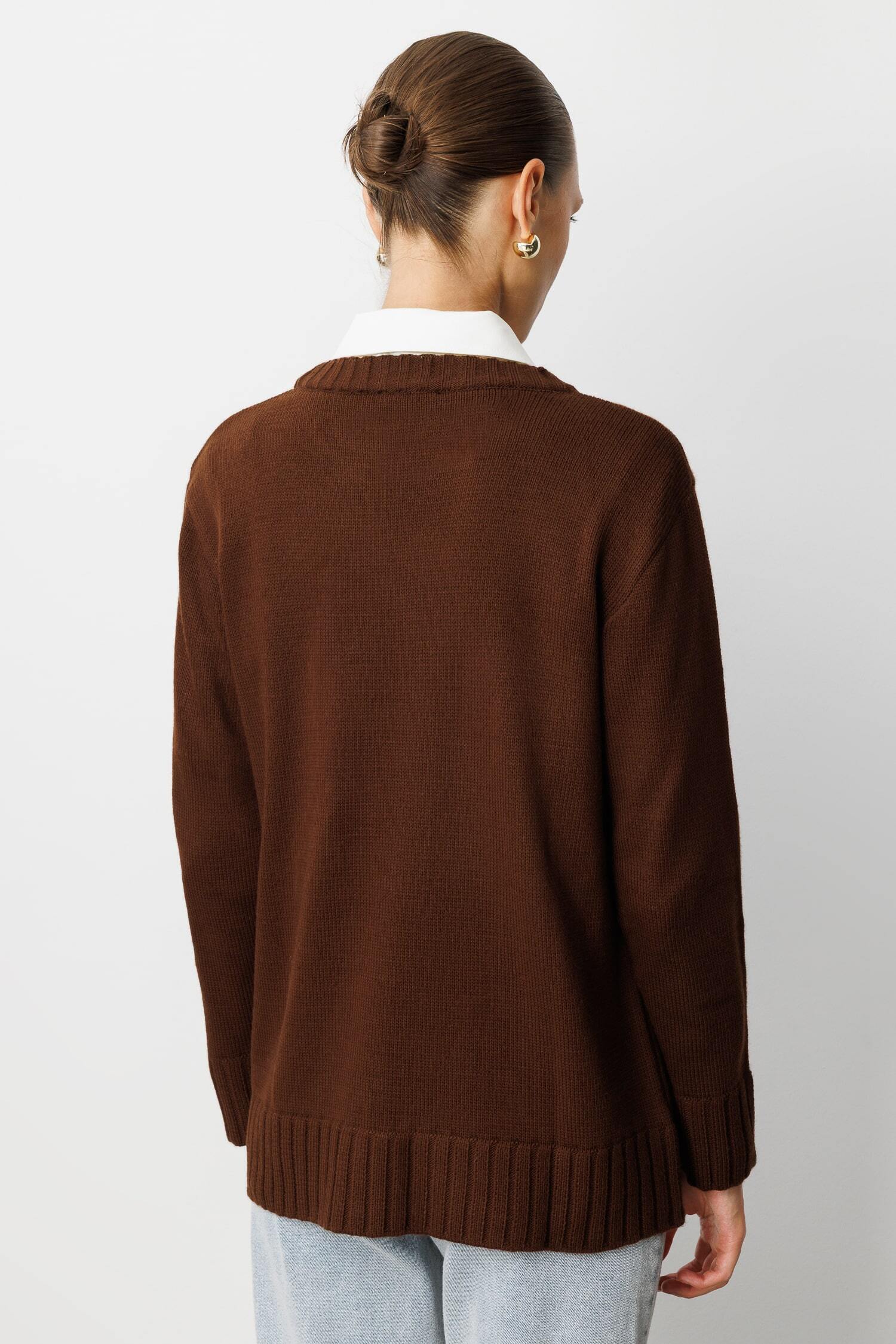 Mizalle Yuvarlak Yaka Oversize Kahverengi Triko Kazak - 5