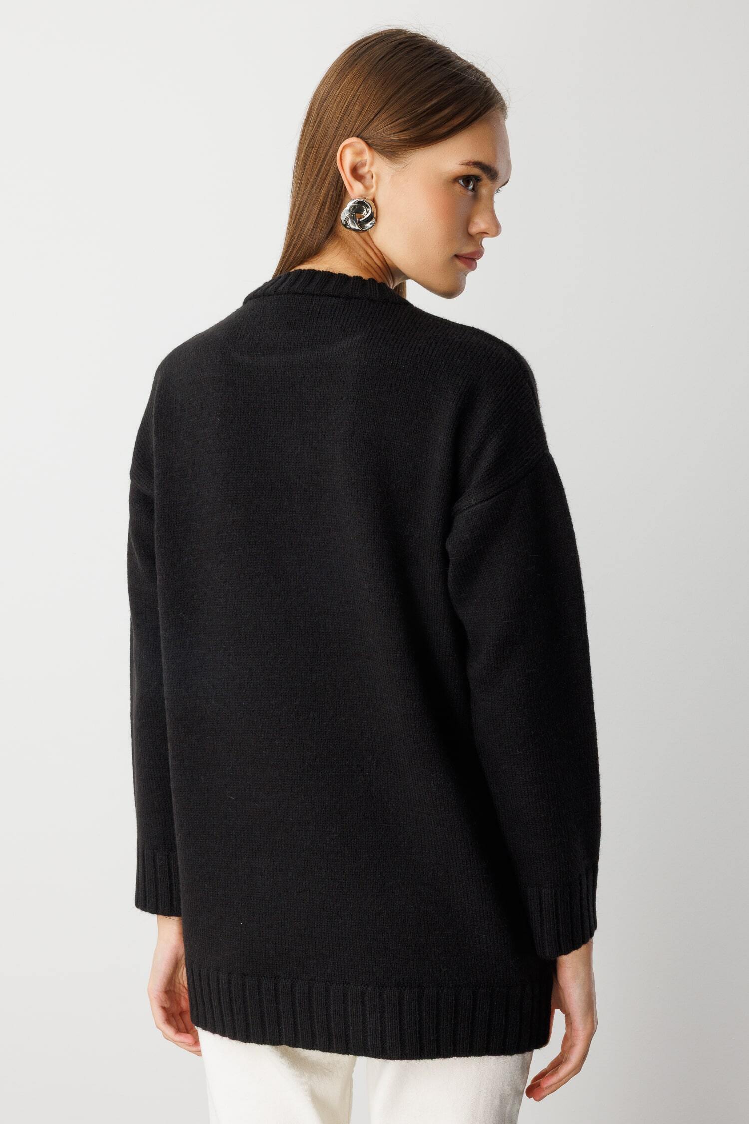 Mizalle Yuvarlak Yaka Oversize Siyah Triko Kazak - 4