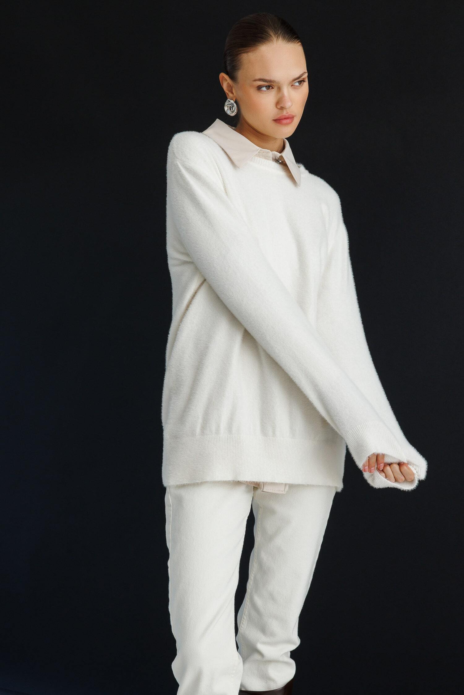 Mizalle Yuvarlak Yaka Oversize Yumuşak Dokulu Ekru Triko Kazak - 1