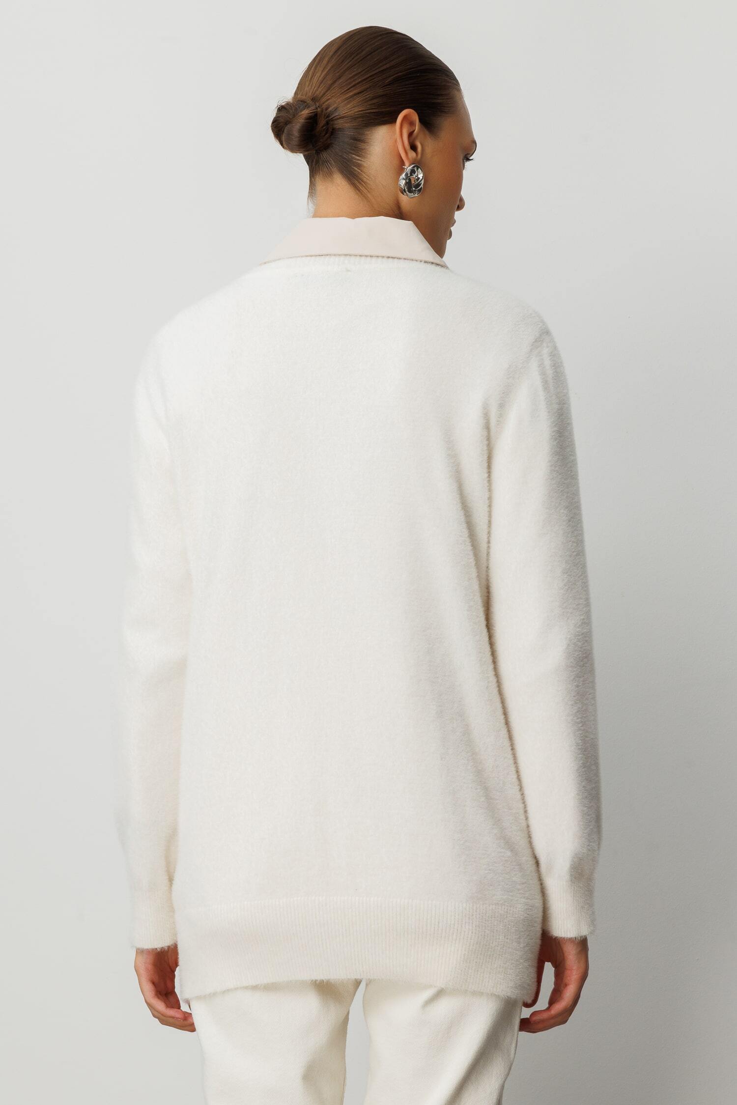 Mizalle Yuvarlak Yaka Oversize Yumuşak Dokulu Ekru Triko Kazak - 5