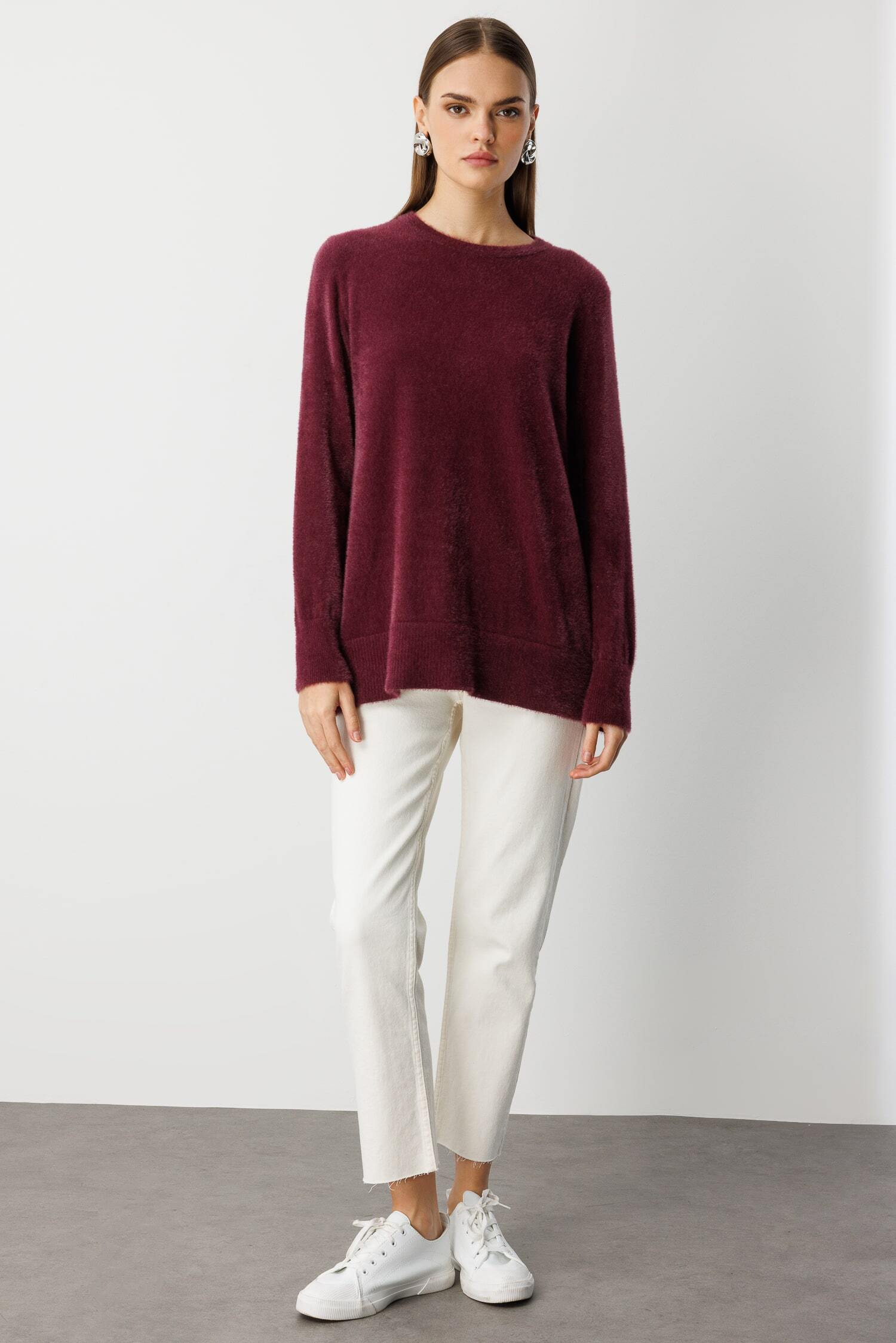 Mizalle Yuvarlak Yaka Oversize Yumuşak Dokulu Mürdüm Triko Kazak - 2