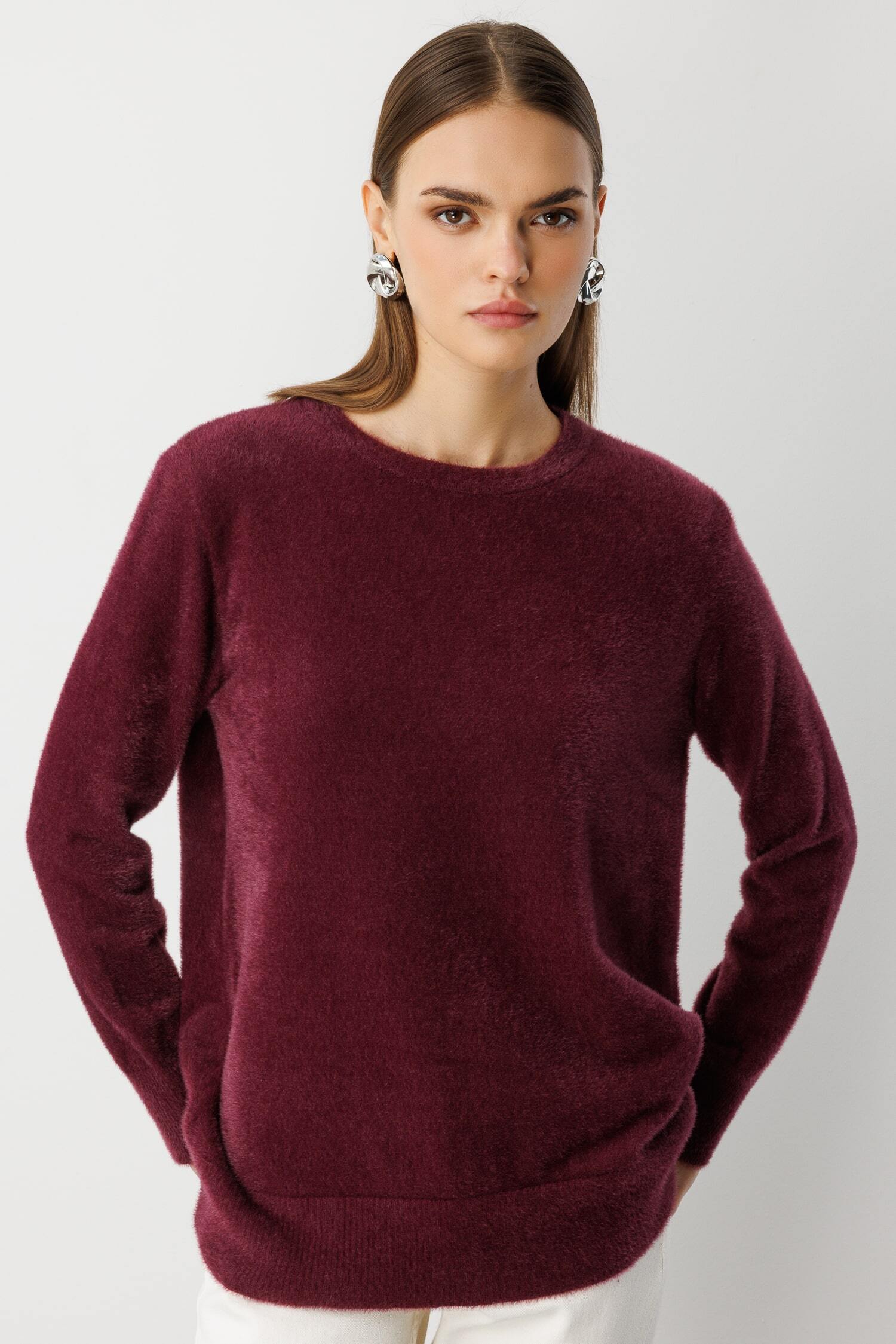 Mizalle Yuvarlak Yaka Oversize Yumuşak Dokulu Mürdüm Triko Kazak - 3