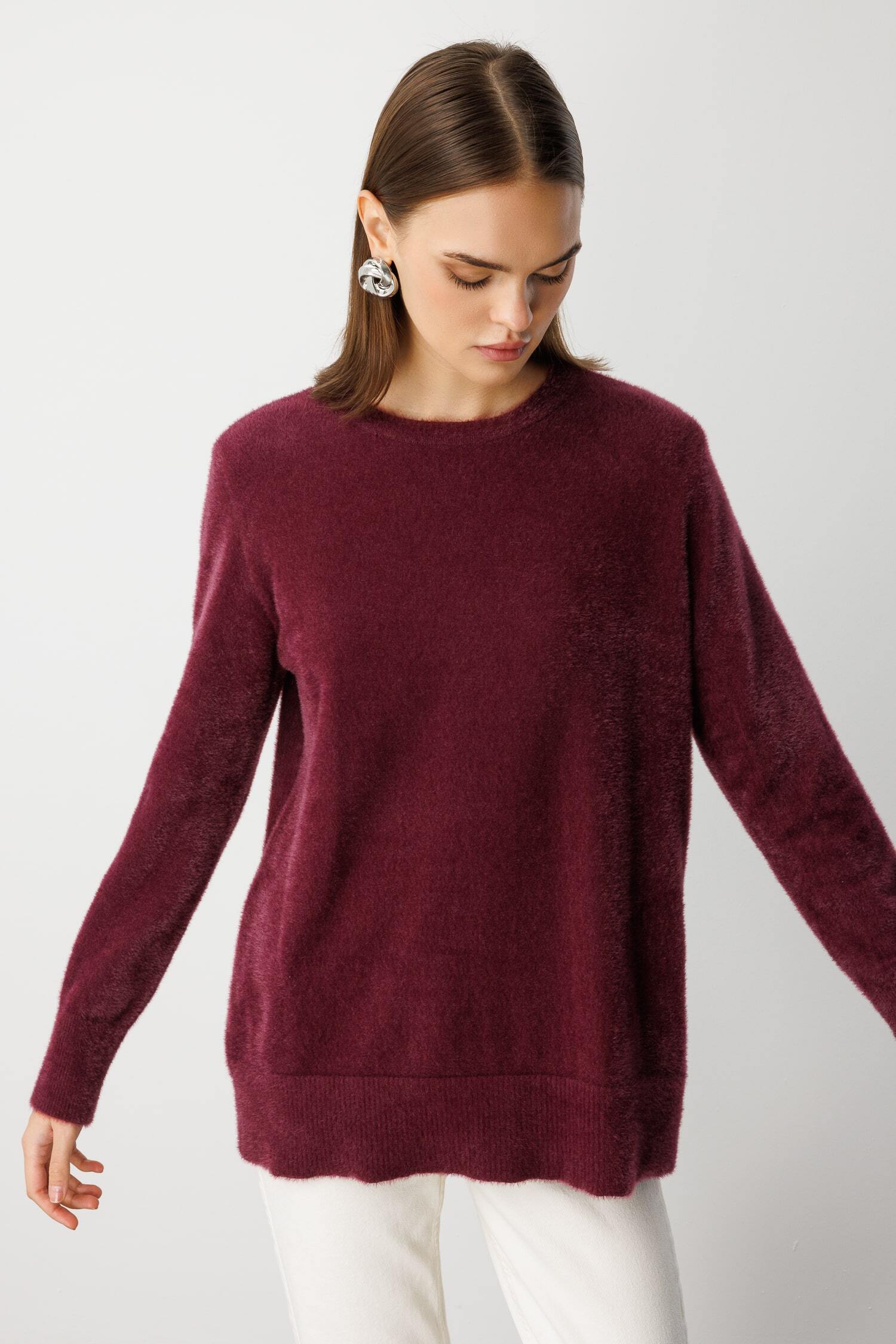 Mizalle Yuvarlak Yaka Oversize Yumuşak Dokulu Mürdüm Triko Kazak - 5