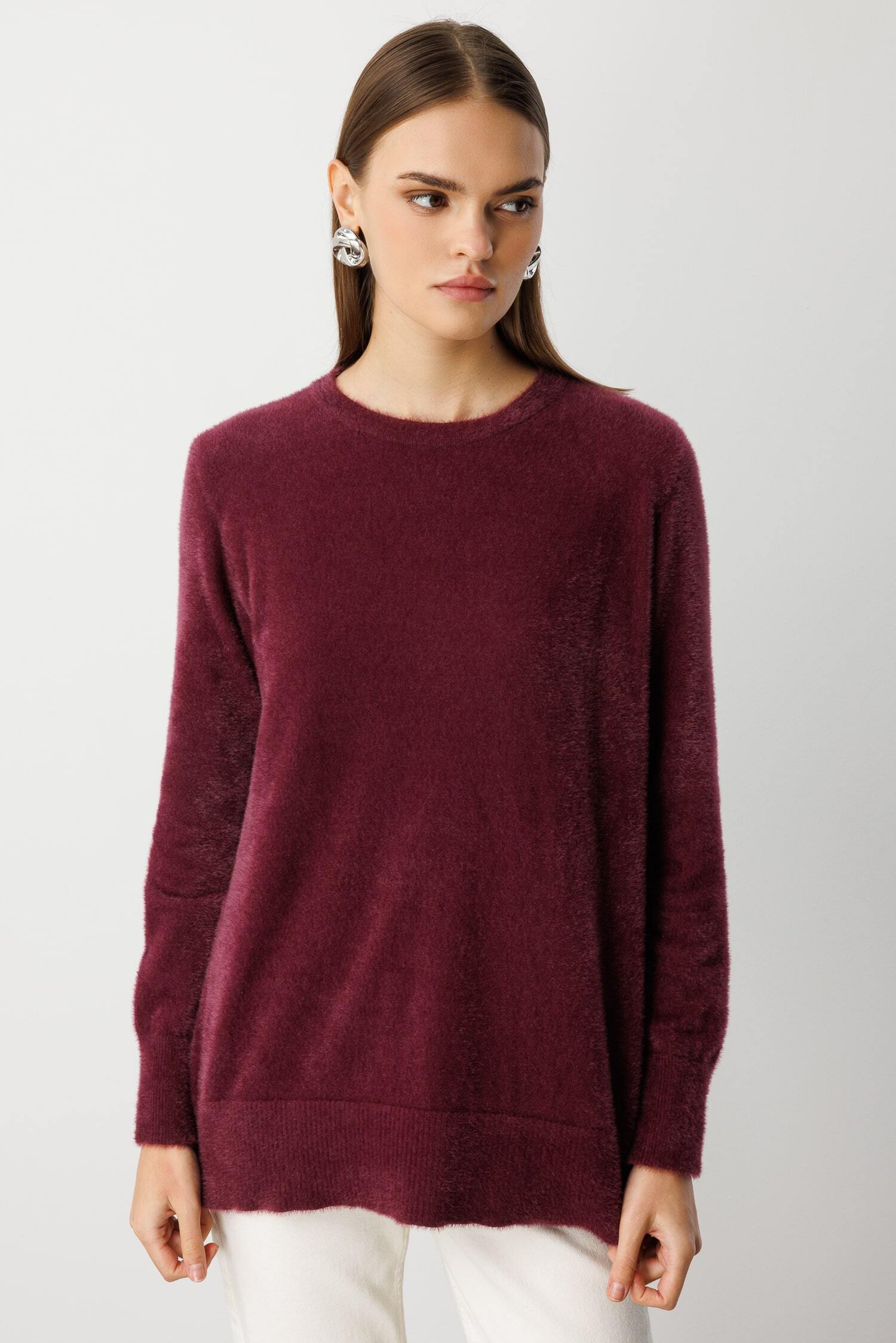 Mizalle Yuvarlak Yaka Oversize Yumuşak Dokulu Mürdüm Triko Kazak - 1