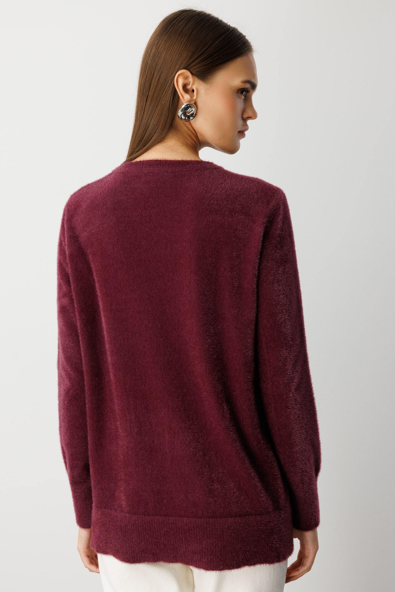 Mizalle Yuvarlak Yaka Oversize Yumuşak Dokulu Mürdüm Triko Kazak - 6