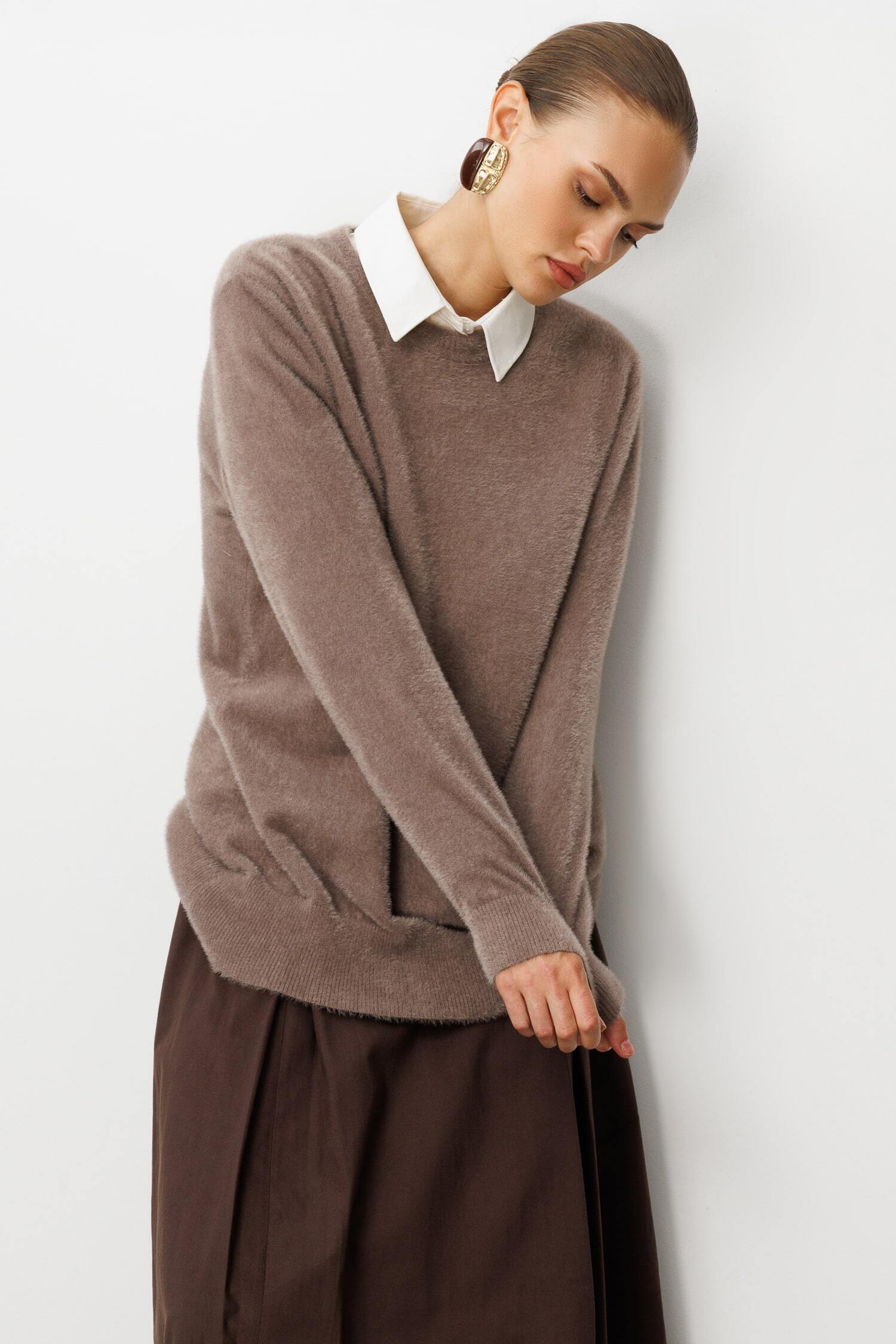 Mizalle Yuvarlak Yaka Oversize Yumuşak Dokulu Vizon Rengi Triko Kazak - Mizalle