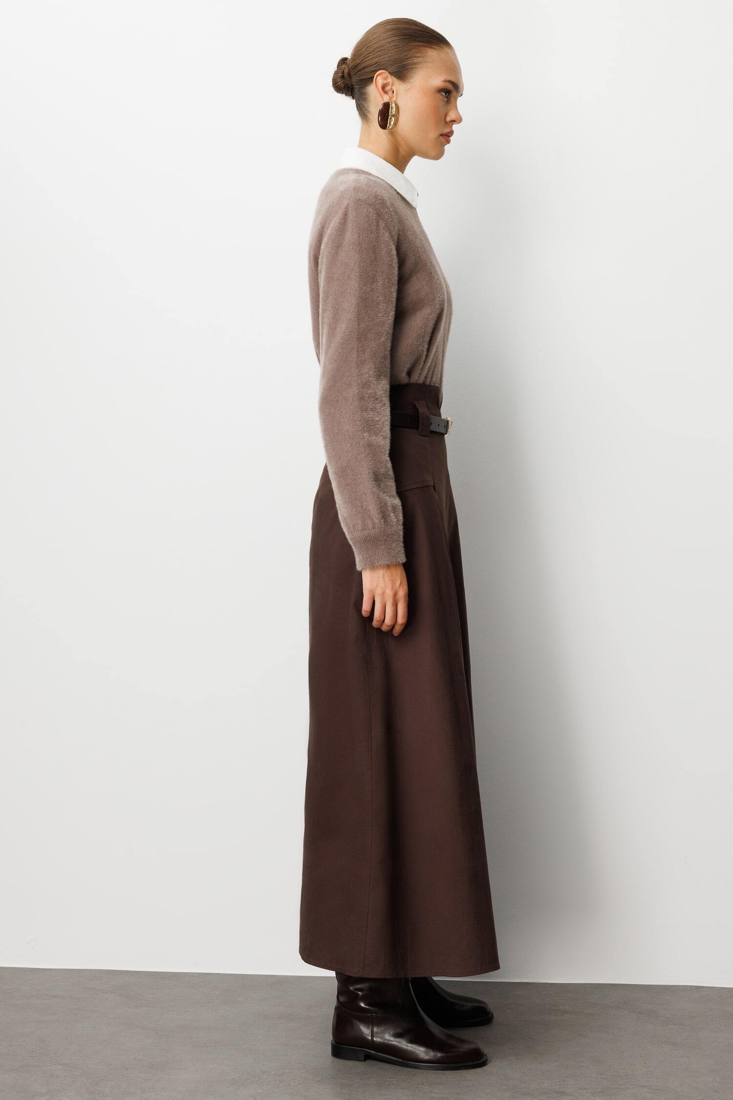 Mizalle Yuvarlak Yaka Oversize Yumuşak Dokulu Vizon Rengi Triko Kazak - 4