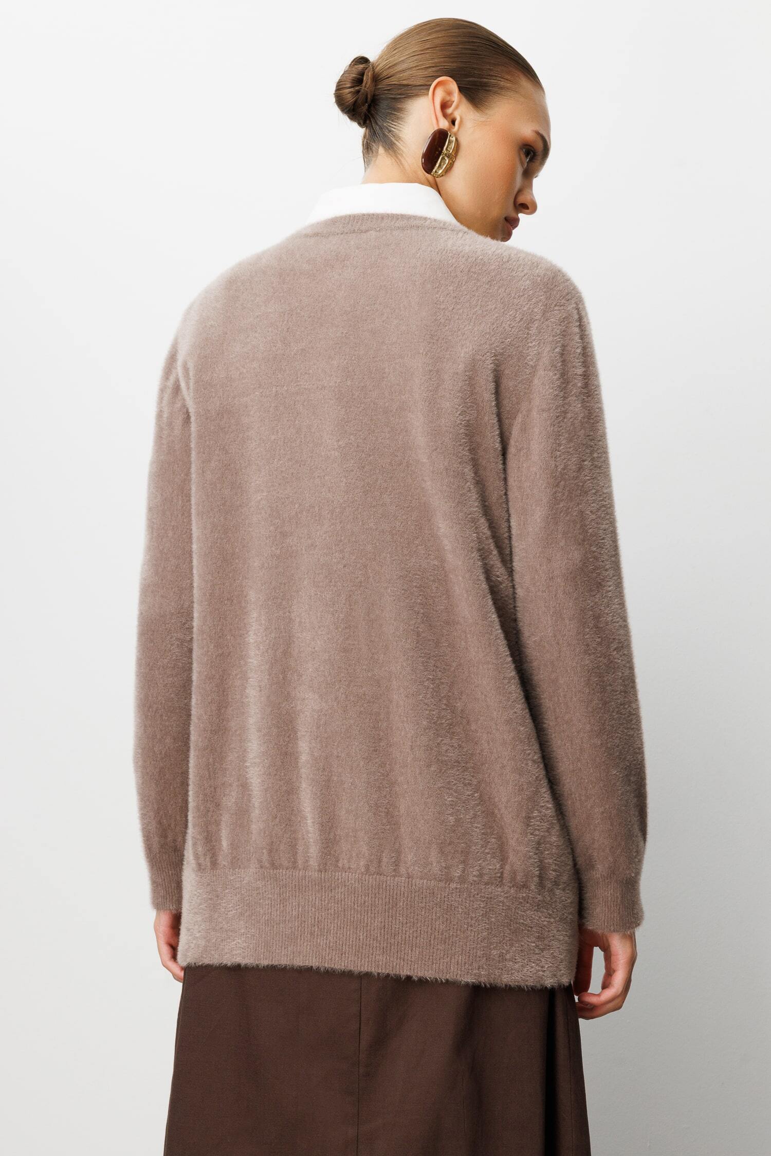 Mizalle Yuvarlak Yaka Oversize Yumuşak Dokulu Vizon Rengi Triko Kazak - 6