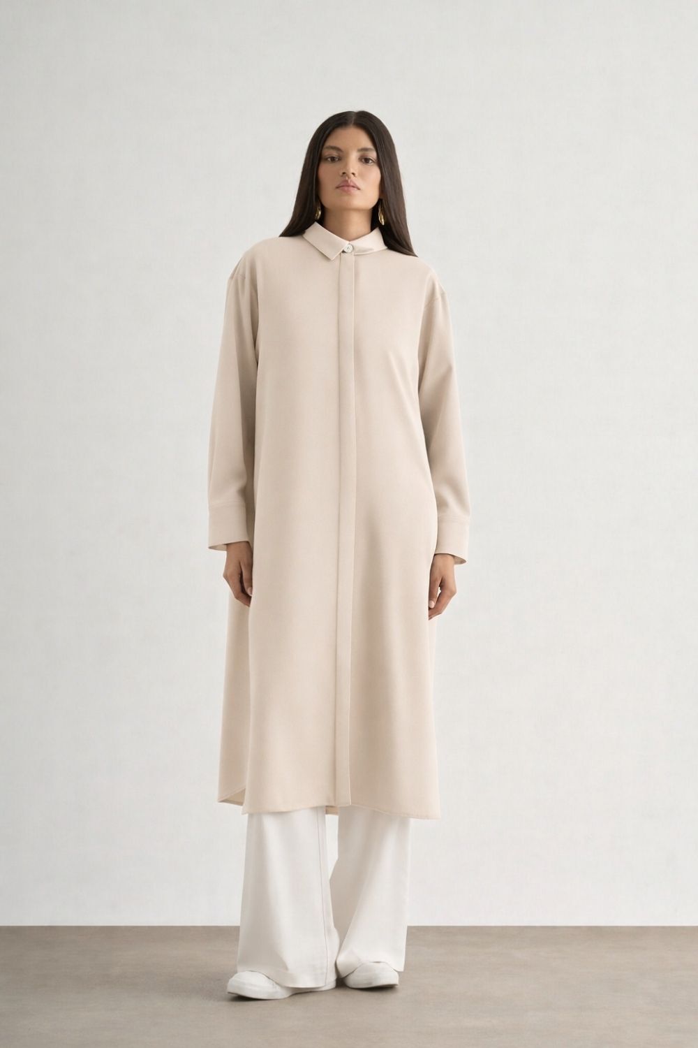 Mizallle Çıtçıtlı Uzun Yazlık Bej Rengi Tunik - 1