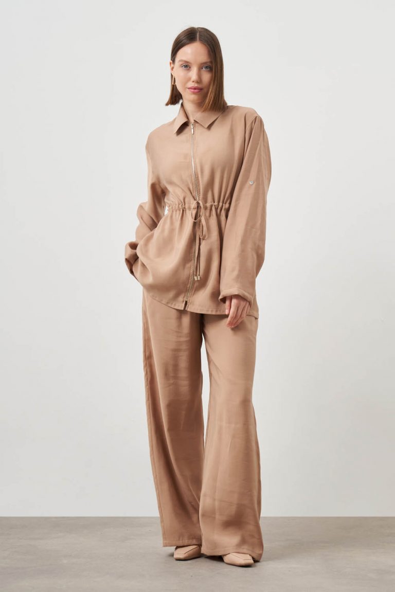 Mizalle Beli İpli Fermuarlı Bej Rengi Modal Tunik - Mizalle