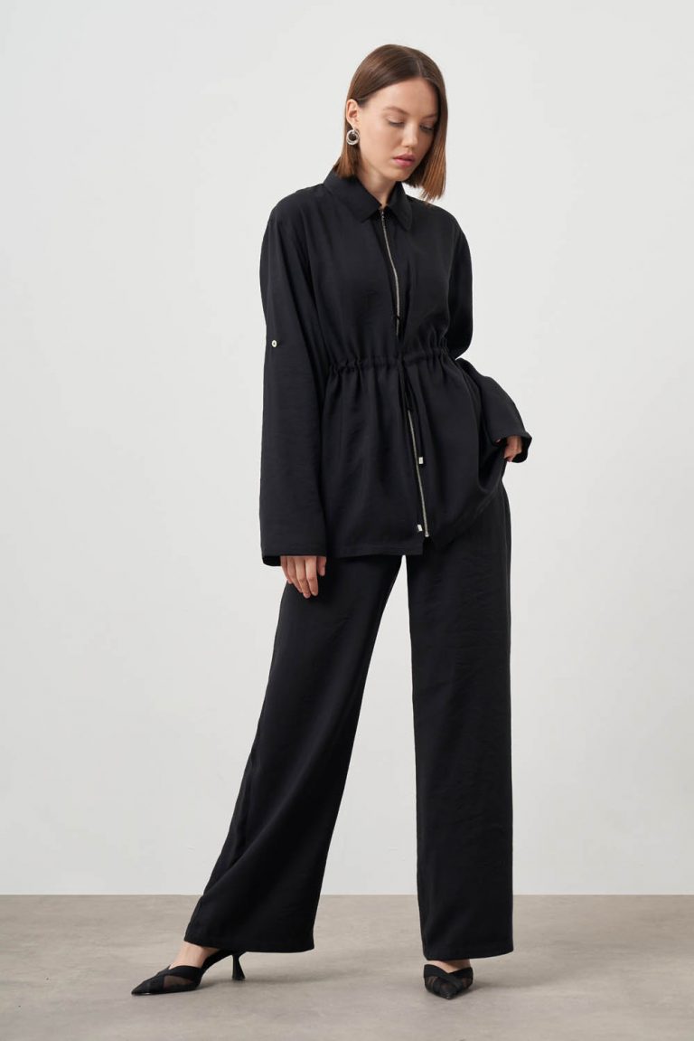 Mizalle Beli İpli Fermuarlı Siyah Modal Tunik - Mizalle