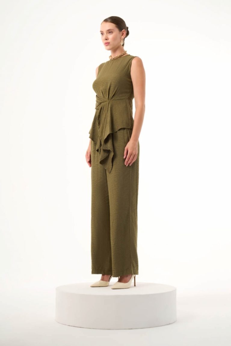 MZL Bağlama Detaylı Haki Kolsuz Asimetrik Bluz - MZL