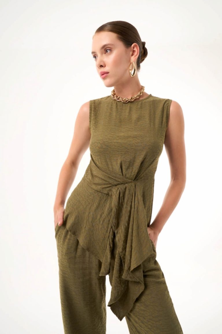 MZL Bağlama Detaylı Haki Kolsuz Asimetrik Bluz - MZL