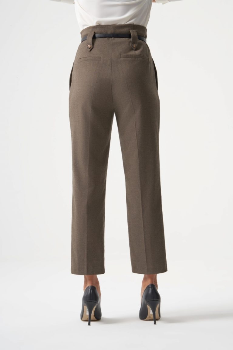 MZL Balıksırtı Dokuma Tek Pile Detaylı Kemerli Kahverengi Pantolon - MZL