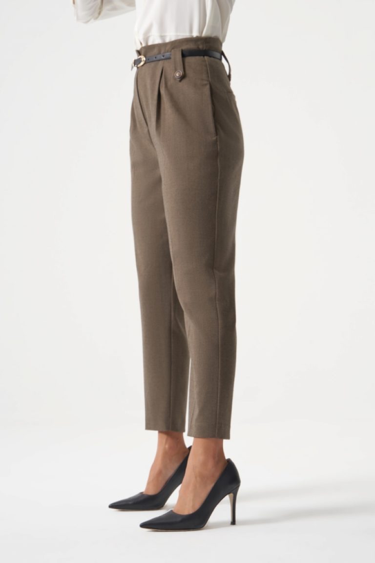 MZL Balıksırtı Dokuma Tek Pile Detaylı Kemerli Kahverengi Pantolon - MZL