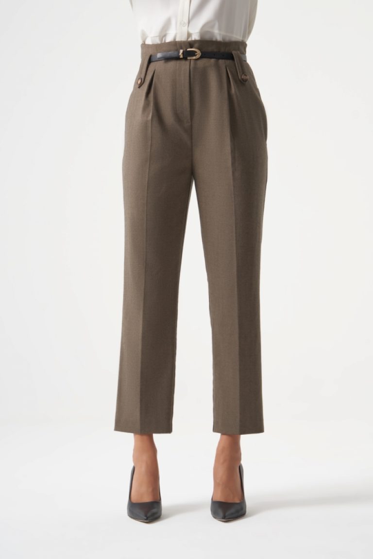 MZL Balıksırtı Dokuma Tek Pile Detaylı Kemerli Kahverengi Pantolon - MZL