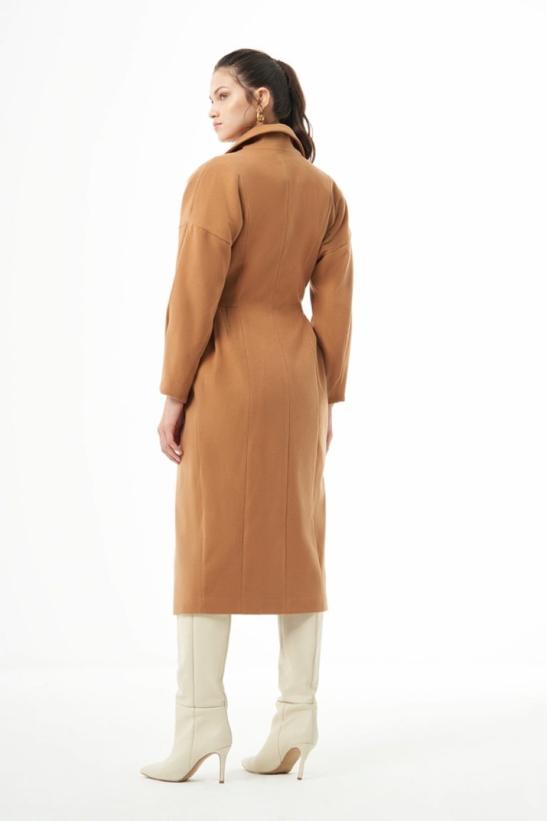 MZL Camel Bel Pilesi Detaylı Uzun Kaşe Kaban - MZL